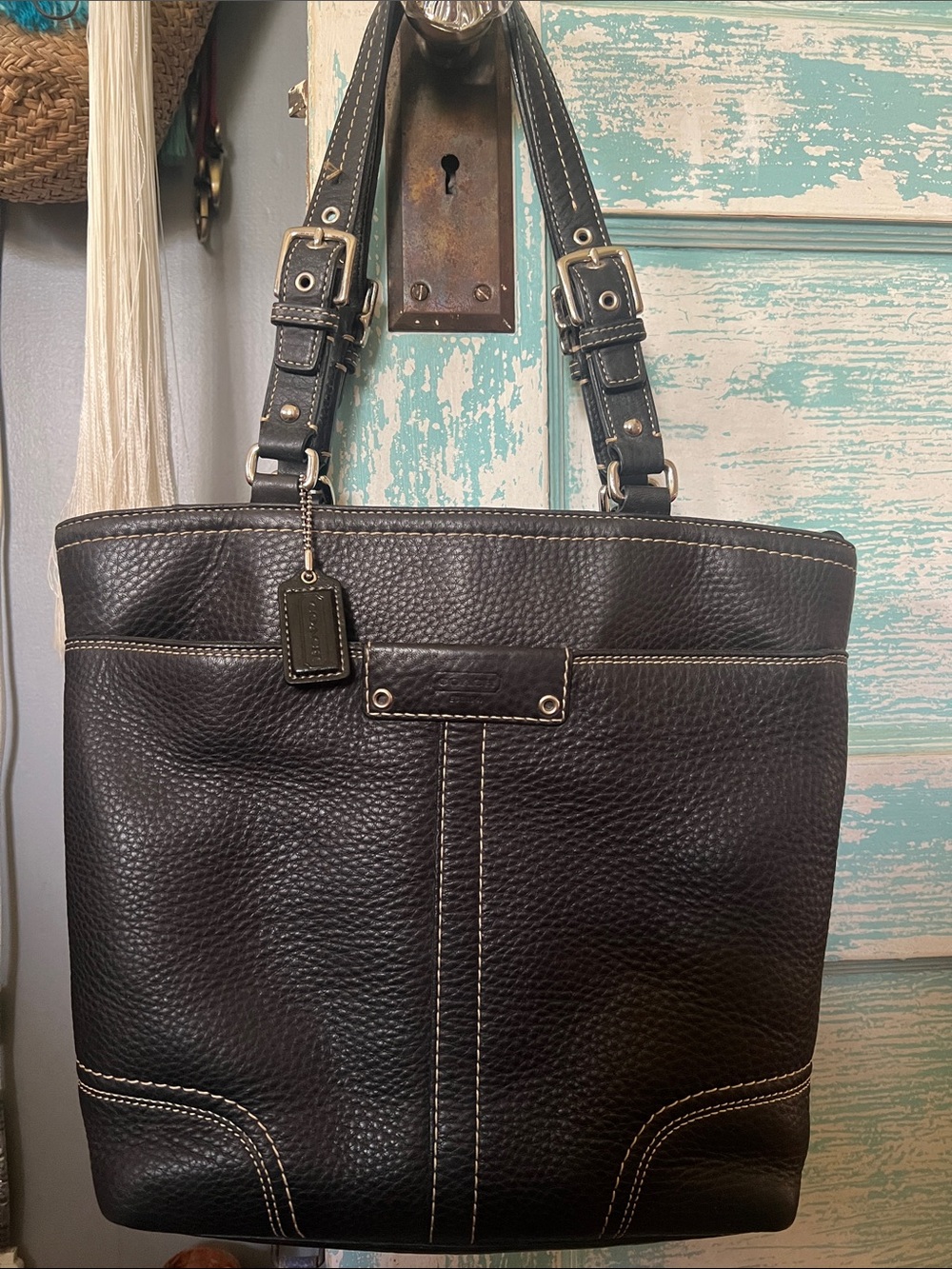 Coach black Hamilton tote Pebbled Leather Messenger Tote with Contrast Stitching